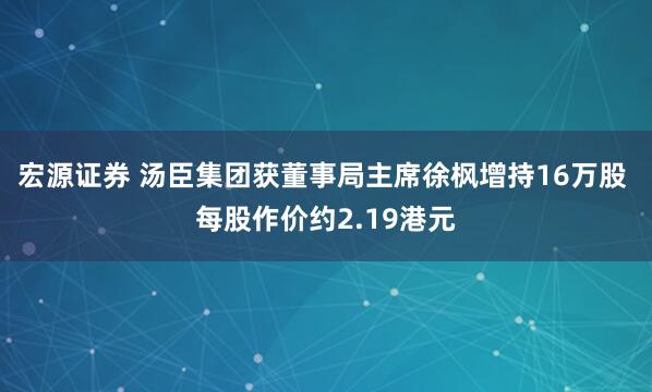 宏源证券 汤臣集团获董事局主席徐枫增持16万股 每股作价约2.19港元